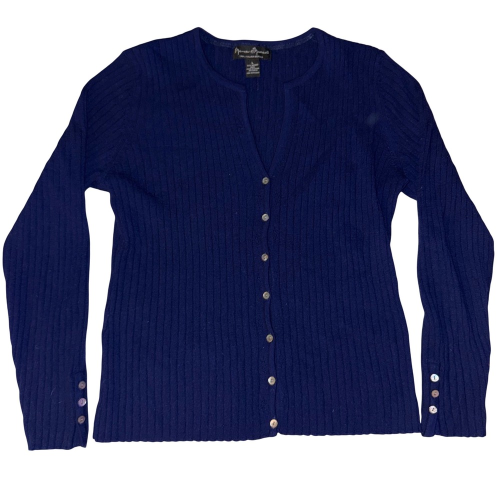 Mercer Madison Blue Merino Wool Knit Cardigan Buttons Cuff V-Neck‎ Women's Large